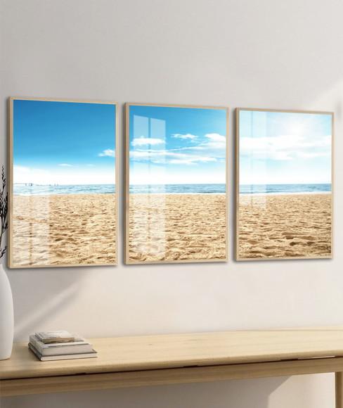 Kit 3 Quadros Decorativos Paisagem Azul Mar Moldura e Vidro