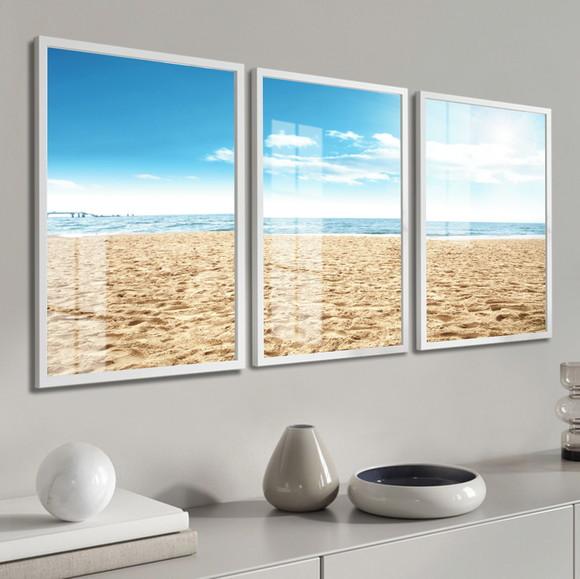 Kit 3 Quadros Decorativos Paisagem Azul Mar Moldura e Vidro