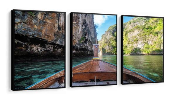 Kit 3 Quadros Decorativos Paisagem Barco Tailândia Moldura