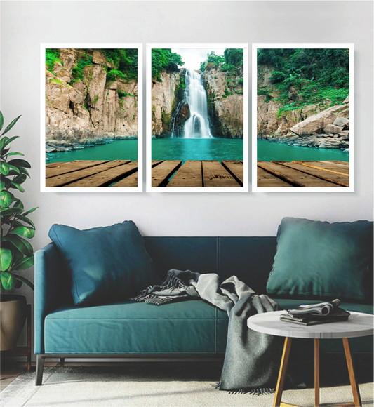 Kit 3 Quadros Decorativos Paisagem Cachoeira Sala Moldura