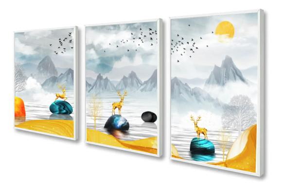 Kit 3 Quadros Decorativos Paisagem Cervos Gold Sala Moldura