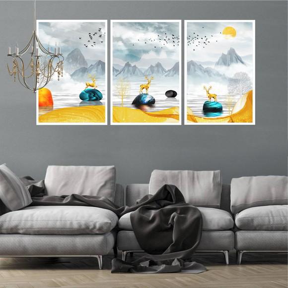 Kit 3 Quadros Decorativos Paisagem Cervos Gold Sala Moldura