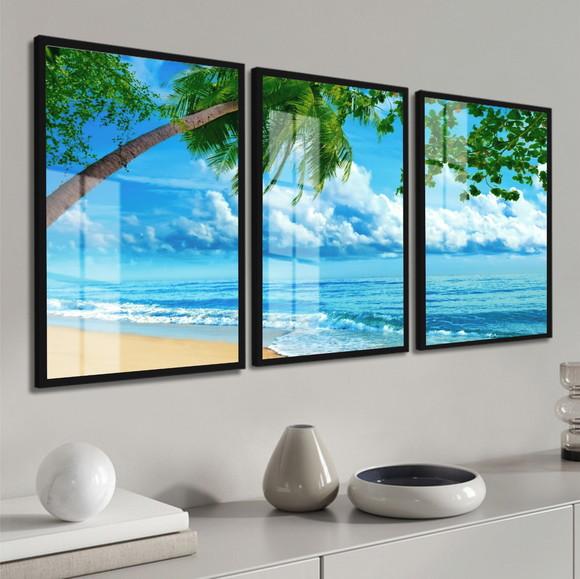 Kit 3 Quadros Decorativos Paisagem Coqueiro Moldura e Vidro