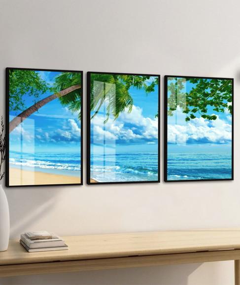 Kit 3 Quadros Decorativos Paisagem Coqueiro Moldura e Vidro