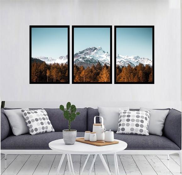Kit 3 Quadros Decorativos Paisagem Floresta Montanha Moldura