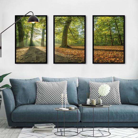 Kit 3 Quadros Decorativos Paisagem Floresta Verde Moldura