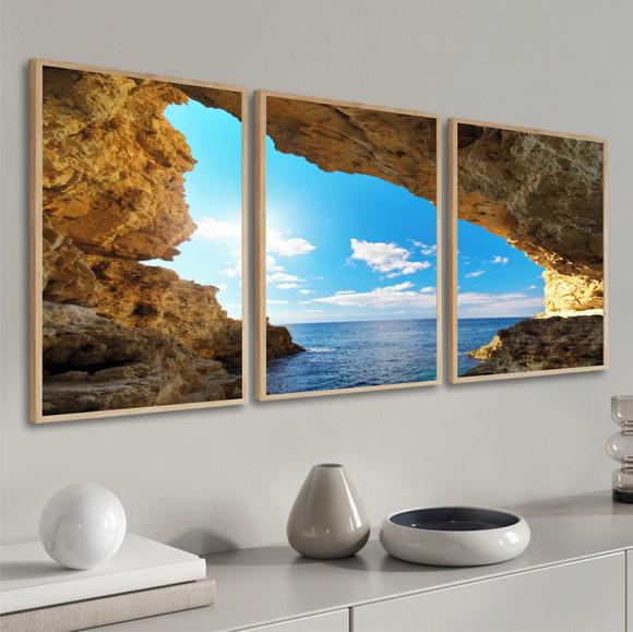 Kit 3 Quadros Decorativos Paisagem Gruta Praia Azul Moldura