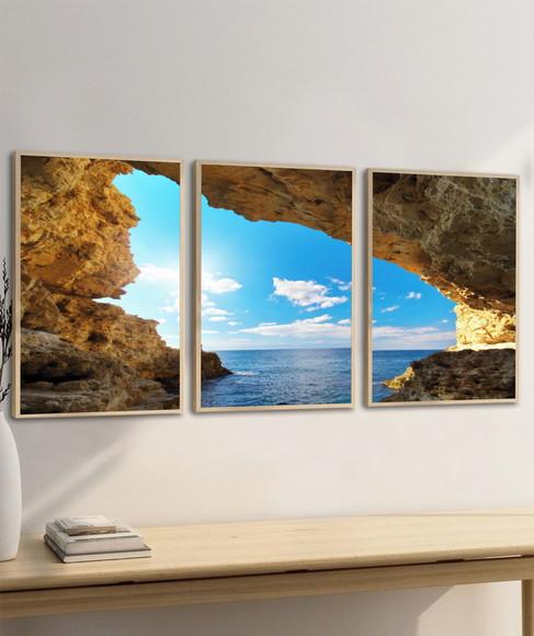 Kit 3 Quadros Decorativos Paisagem Gruta Praia Azul Moldura
