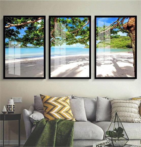 Kit 3 Quadros Decorativos Paisagem Mar Arvore Moldura Vidro