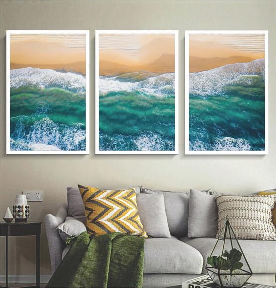 Kit 3 Quadros Decorativos Paisagem Mar Azul Conjunto Moldura