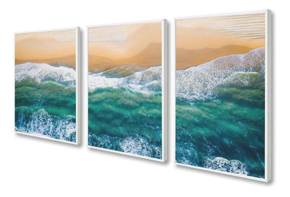 Kit 3 Quadros Decorativos Paisagem Mar Azul Conjunto Moldura