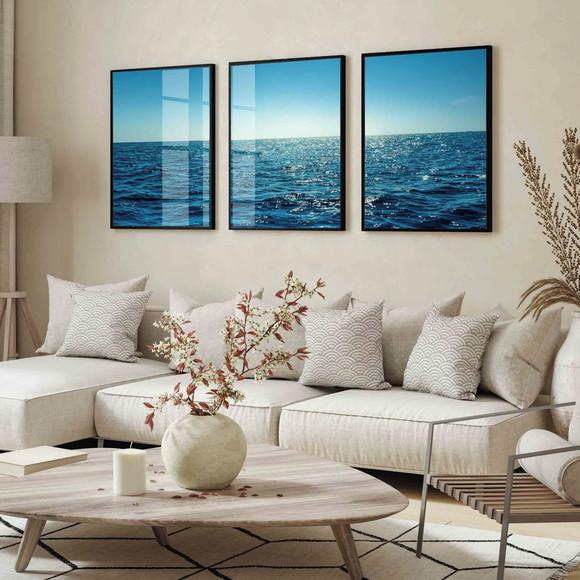 Kit 3 Quadros Decorativos Paisagem Mar Azul Moldura e Vidro