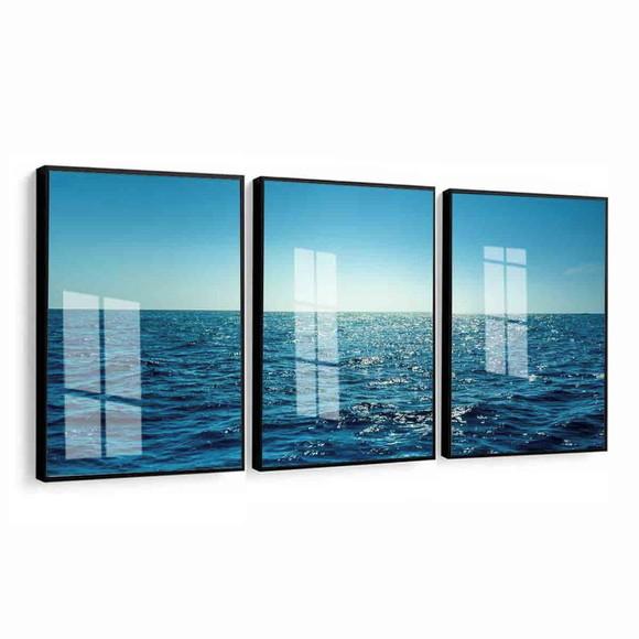 Kit 3 Quadros Decorativos Paisagem Mar Azul Moldura e Vidro