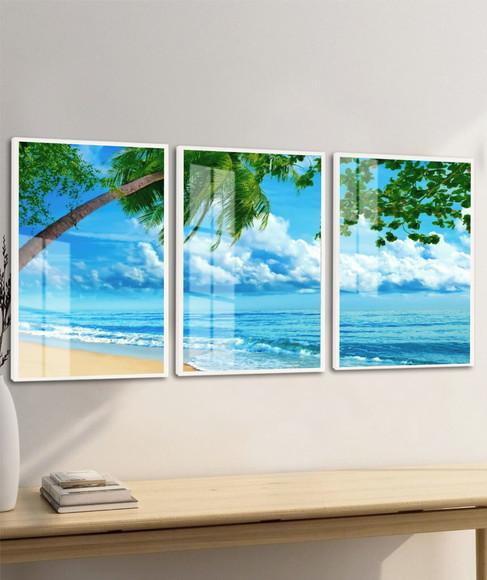 Kit 3 Quadros Decorativos Paisagem Mar Azul Moldura e Vidro