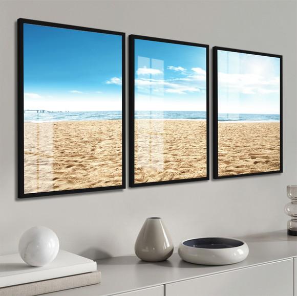 Kit 3 Quadros Decorativos Paisagem Mar Azul Moldura e Vidro