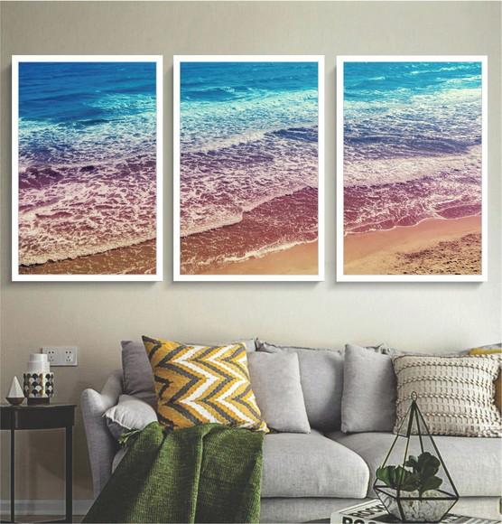 Kit 3 Quadros Decorativos Paisagem Mar Azul Sala Com Moldura