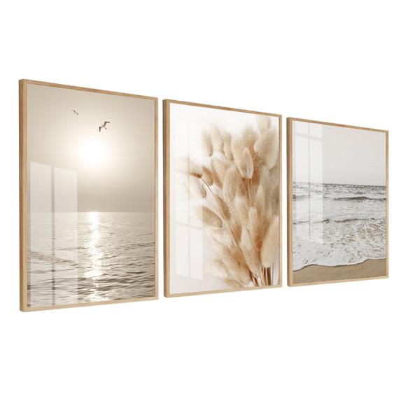 Kit 3 Quadros Decorativos Paisagem Mar Flor Moldura E Vidro