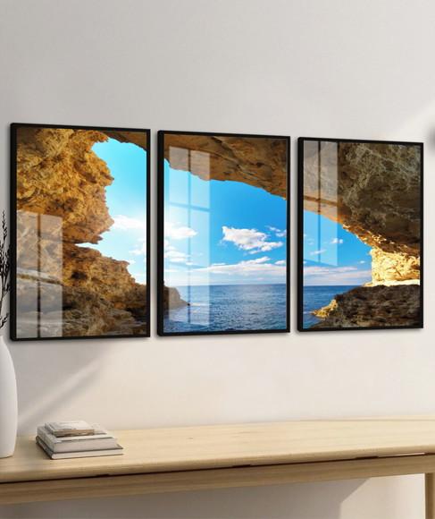 Kit 3 Quadros Decorativos Paisagem Mar Gruta Moldura e Vidro