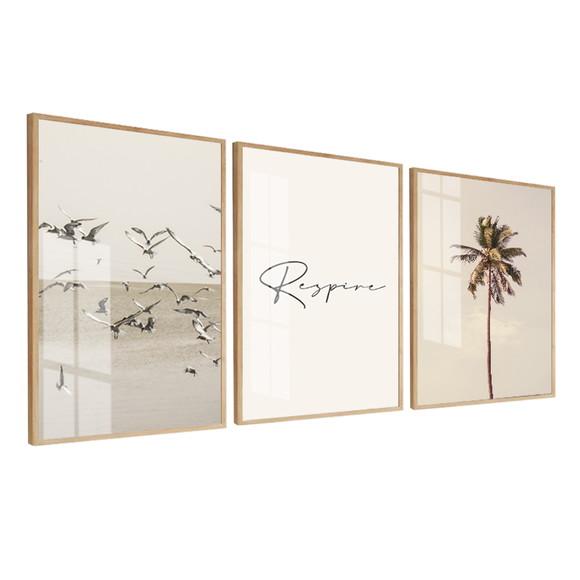 Kit 3 Quadros Decorativos Paisagem Mar Frase Moldura E Vidro