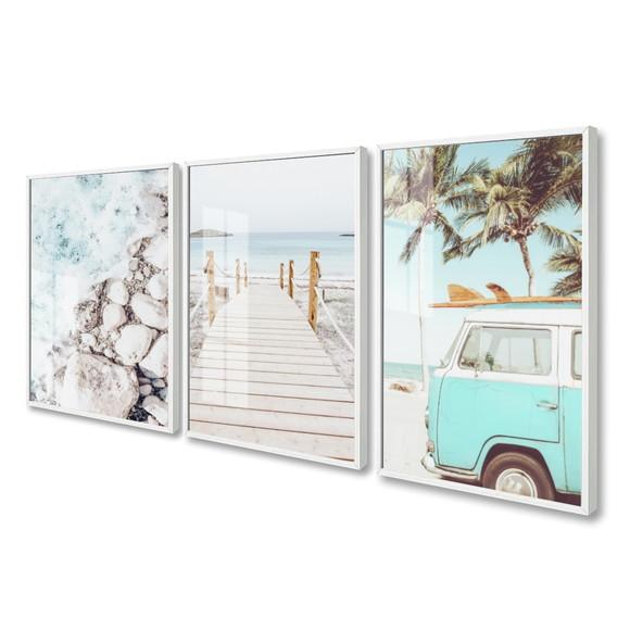 Kit 3 Quadros Decorativos Paisagem Mar Kombi Moldura E Vidro
