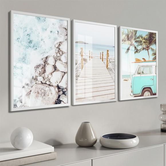 Kit 3 Quadros Decorativos Paisagem Mar Kombi Moldura E Vidro