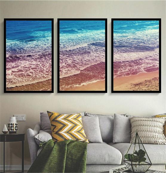 Kit 3 Quadros Decorativos Paisagem Mar Ondas Sala Moldura