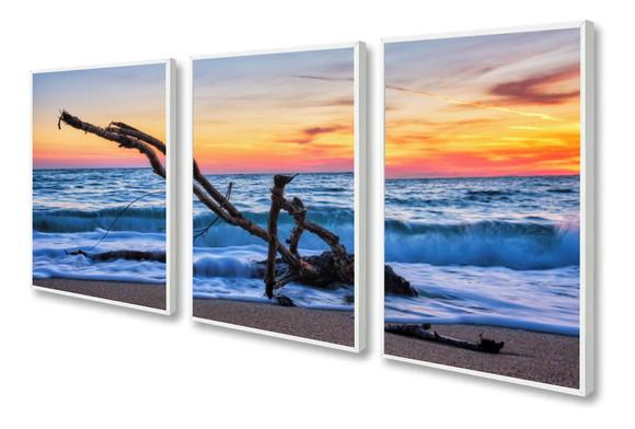 Kit 3 Quadros Decorativos Paisagem Mar Pôr Do Sol Moldura