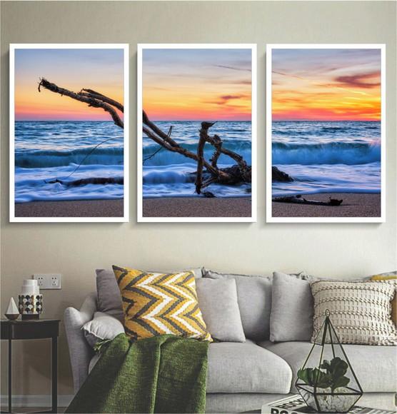 Kit 3 Quadros Decorativos Paisagem Mar Pôr Do Sol Moldura