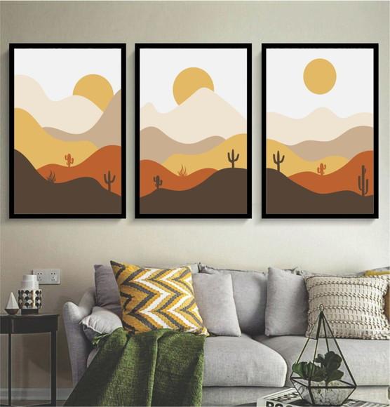 Kit 3 Quadros Decorativos Paisagem Moderno Para Sala Moldura