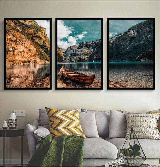 Kit 3 Quadros Decorativos Paisagem Montanha Barco Molduras