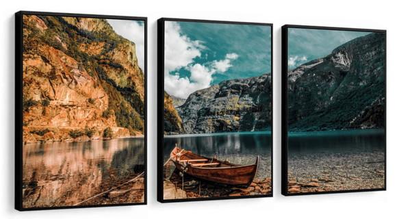 Kit 3 Quadros Decorativos Paisagem Montanha Barco Molduras