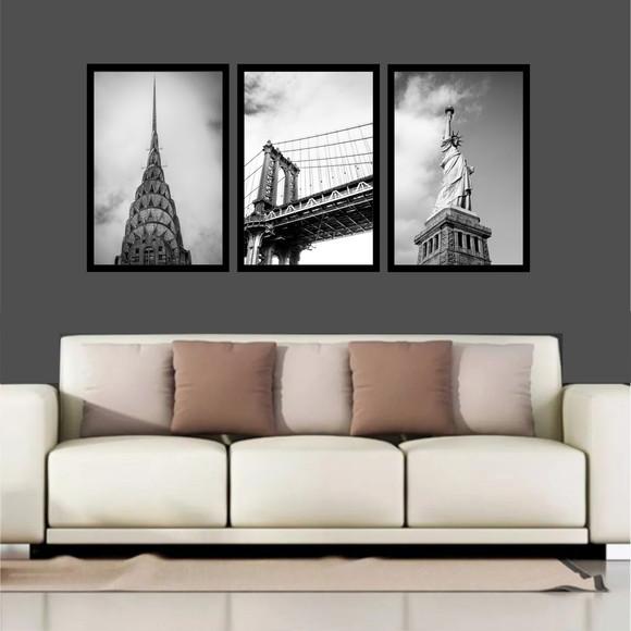 Kit 3 Quadros Decorativos Paisagem Nova York Cidade Moldura