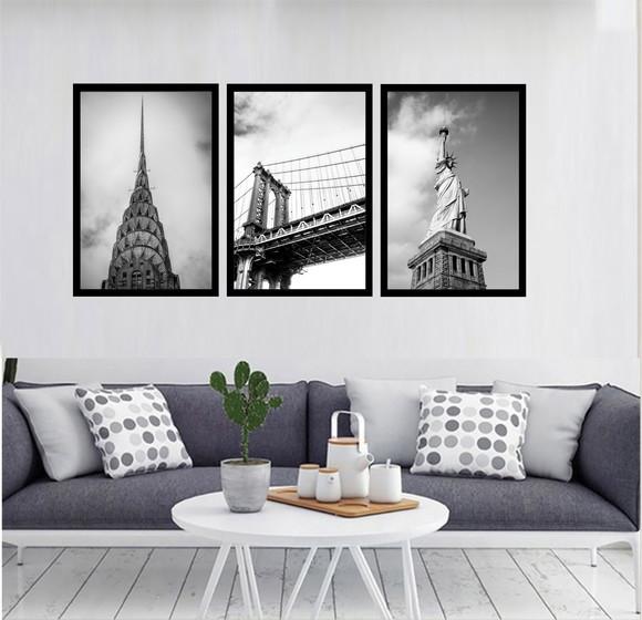 Kit 3 Quadros Decorativos Paisagem Nova York Cidade Moldura