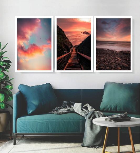 Kit 3 Quadros Decorativos Paisagem Para Salas Praia Molduras