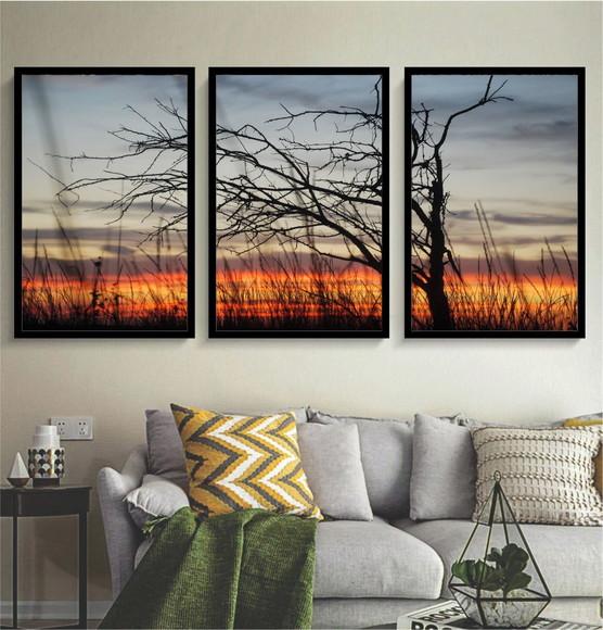 Kit 3 Quadros Decorativos Paisagem Pôr Do Sol Com Moldura