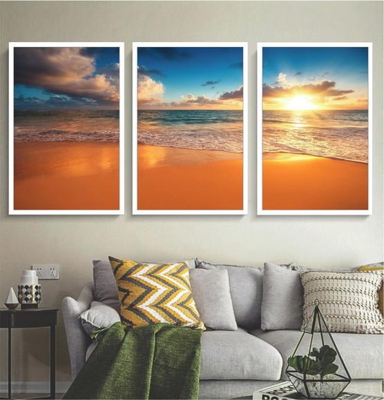 Kit 3 Quadros Decorativos Paisagem Pôr do Sol com Moldura