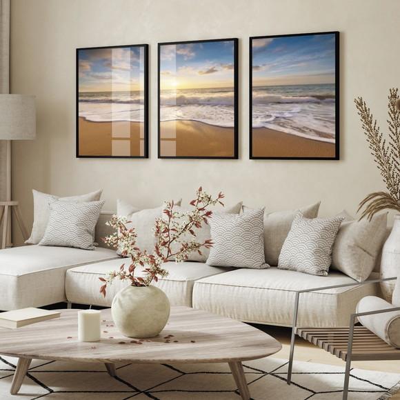Kit 3 Quadros Decorativos Paisagem Pôr do Sol Mar com Vidro