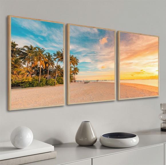 Kit 3 Quadros Decorativos Paisagem Pôr do Sol Mar Moldura