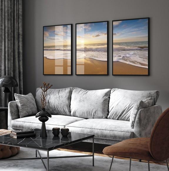 Kit 3 Quadros Decorativos Paisagem Pôr do Sol Mar com Vidro