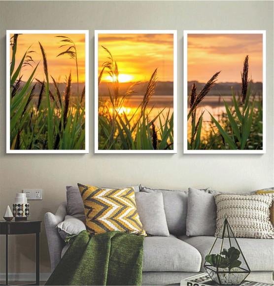 Kit 3 Quadros Decorativos Paisagem Pôr Do Sol Mar Moldura