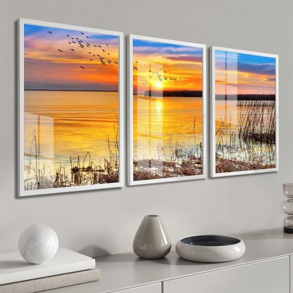 Kit 3 Quadros Decorativos Paisagem Pôr Do Sol Moldura Vidro