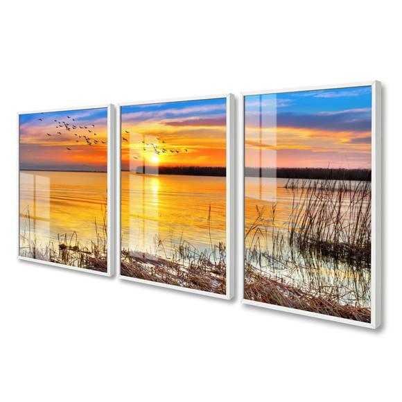 Kit 3 Quadros Decorativos Paisagem Pôr Do Sol Moldura Vidro