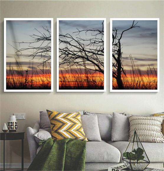 Kit 3 Quadros Decorativos Paisagem Pôr Do Sol Sala Moldura