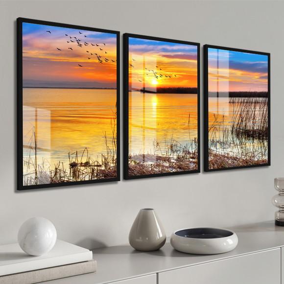 Kit 3 Quadros Decorativos Paisagem Pôr Do Sol Vidro Moldura