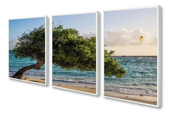 Kit 3 Quadros Decorativos Paisagem Praia Arvore Com Moldura