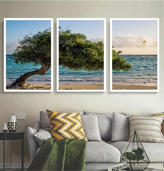 Kit 3 Quadros Decorativos Paisagem Praia Arvore Com Moldura