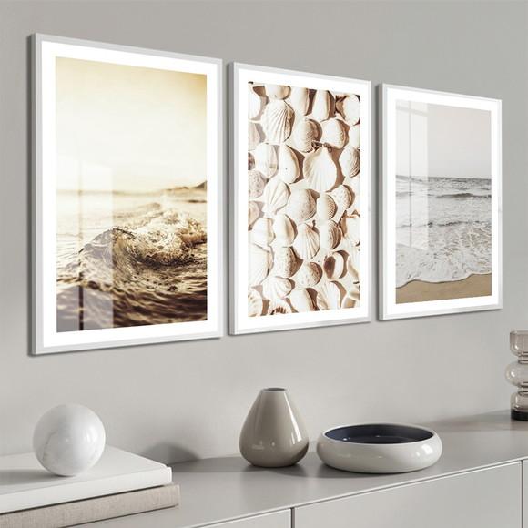 Kit 3 Quadros Decorativos Paisagem Praia Boho Moldura Vidro
