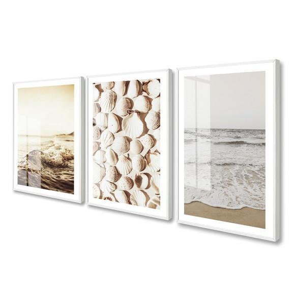 Kit 3 Quadros Decorativos Paisagem Praia Boho Moldura Vidro
