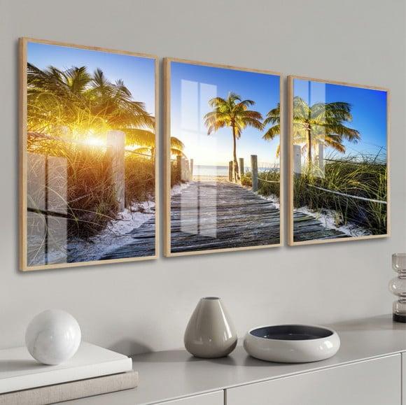 Kit 3 Quadros Decorativos Paisagem Praia Com Moldura E Vidro