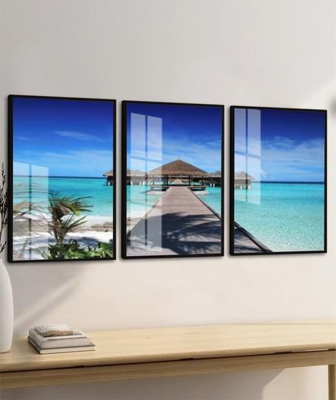 Kit 3 Quadros Decorativos Paisagem Praia Deck Moldura Vidro